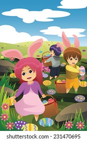 A vector illustration of kids celebrating Easter by going on an Easter egg hunt
