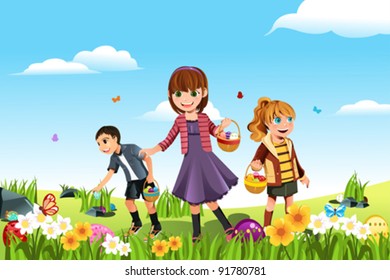A vector illustration kids celebrating Easter by going an Easter egg hunt