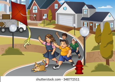 A vector illustration of kids chasing a lost kite in the neighborhood