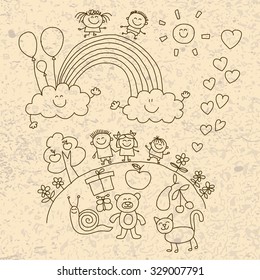 Vector illustration with kids. Children play in school yard