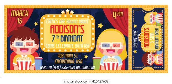 A Vector Illustration Kids in Cinema with 3D glasses. Ticket invitation birthday.  Cinema Party