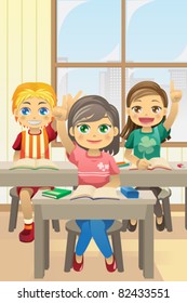 A vector illustration of kids in classroom asking questions