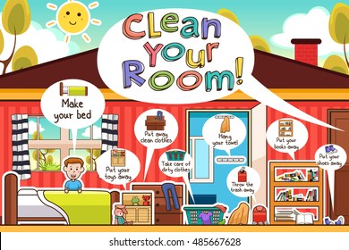 A Vector Illustration Of Kids Cleaning Room Chores Infographic