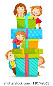 vector illustration of kids climbing pile of gift boxes