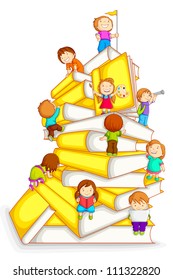 vector illustration of kids climbing in stack of book