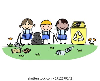 Vector illustration of kids collect rubbish for sorting wast. Kids picking up trash. Save the World.