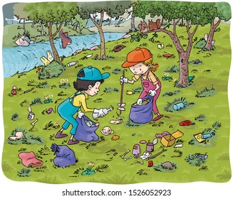 Vector illustration, kids collecting garbage, taking care the environment, cartoon concept.
