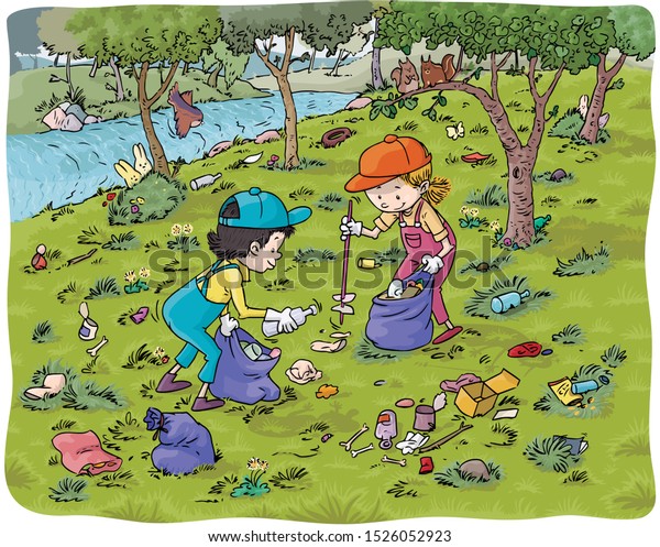 Vector Illustration Kids Collecting Garbage Taking Stock Vector ...