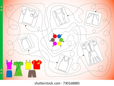 Vector illustration for kids coloring pages. An entertaining puzzle game with a hint. Task to pass the labyrinth on the dotted lines and find the color. Training sheet for printing