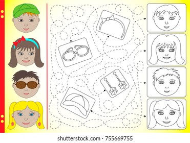 Vector illustration for kids coloring pages. An entertaining puzzle game with a hint. Task to pass the labyrinth along dashed lines, connect objects and colorize. Training sheet for printing