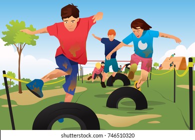 A vector illustration of Kids Competing in a Obstacle Running Course Competition