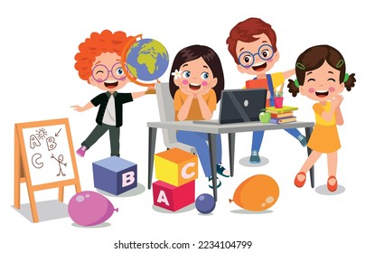 Vector Illustration Of Kids With Computer and with a friend