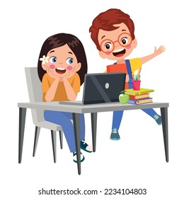 Vector Illustration Of Kids With Computer and with a friend