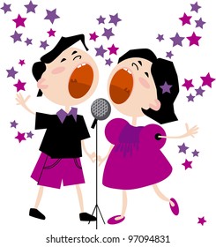  vector illustration of kids concert. singing children flat vector illustration. Classmates sing together standing with a microphone. Kids yelling songs, colorful cartoon.