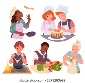 A vector illustration of a kids cooking set. Cartoon-style cute and funny boys and girls dressed in chefs aprons and hats, preparing gourmet pancakes, eggs, and vegetables