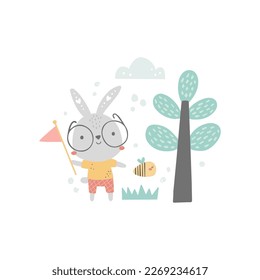 ilustración vectorial para los niños, conejito lindo bebé con gafas y parado al lado del árbol, imagen de primavera linda para los niños