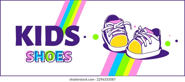 Vector illustration of kids cute shoes on white color background with header. Flat line art style design of child boots for web, colorful banner, poster, print