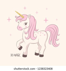 Vector illustration for kids of a cute unicorn on a pink background. T-shirt graphic for kids clothing. Use for print, surface design, fashion kids wear