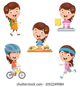 Vector Illustration Of Kids Daily Routine Activities