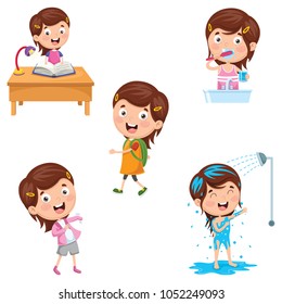 Vector Illustration Of Kids Daily Routine Activities