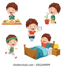 Vector Illustration Of Kids Daily Routine Activities