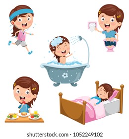 Vector Illustration Of Kids Daily Routine Activities