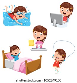 Vector Illustration Of Kids Daily Routine Activities