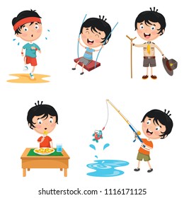 Vector Illustration Of Kids Daily Routine Activities