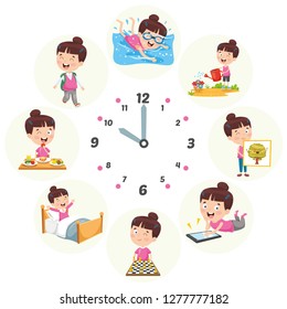 Vector Illustration Of Kids Daily Routine Activities