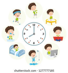 Vector Illustration Of Kids Daily Routine Activities