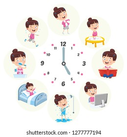 Vector Illustration Of Kids Daily Routine Activities