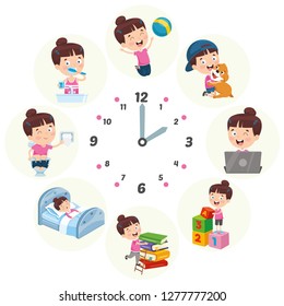 Vector Illustration Of Kids Daily Routine Activities