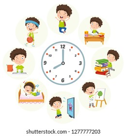 Vector Illustration Of Kids Daily Routine Activities