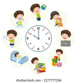 Vector Illustration Of Kids Daily Routine Activities