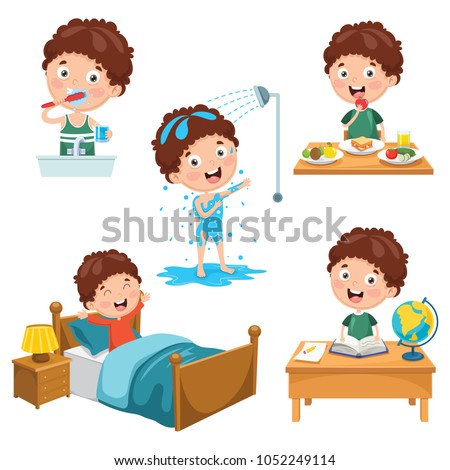 Vector Illustration Of Kids Daily Routine Activities