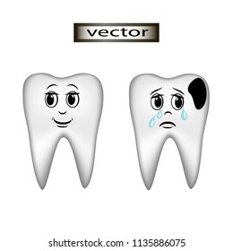 Vector illustration for kids dentistry like cartoon teeth healthy cheerful and sick with caries sad crying