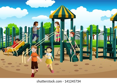 A vector illustration of kids from different ethnics playing together in the playground