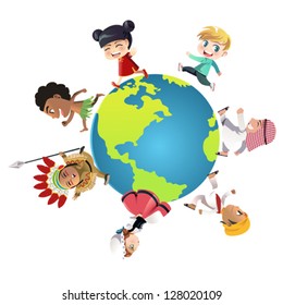 A vector illustration of kids in different nationalities dressed in their traditional clothes running around the world, can be used for unity or diversity concept