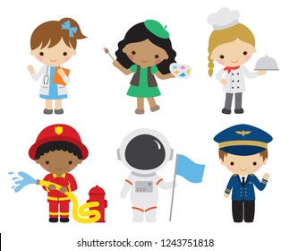 Vector Illustration Of Kids With Different Professions. Children And Future Careers Including Doctor, Artist, Chef, Firefighter, Astronaut, Pilot.