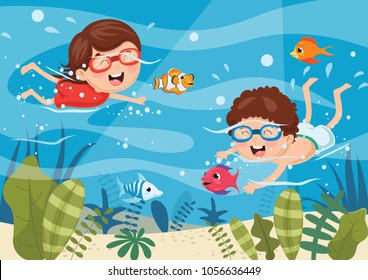 Vector Illustration Of Kids Diving