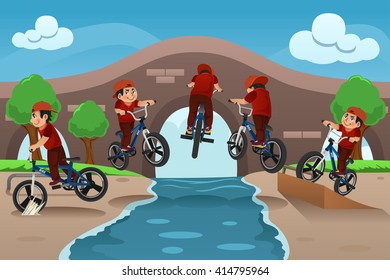 A vector illustration of kids doing bike trick crossing a river