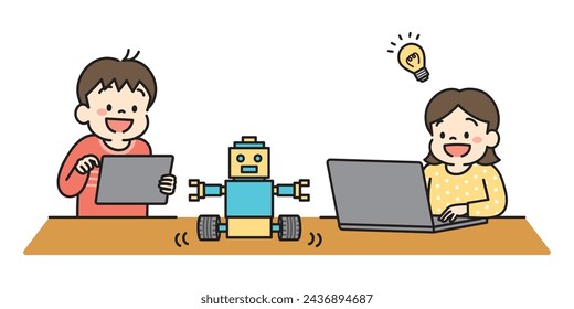 Vector illustration of kids doing robot programming