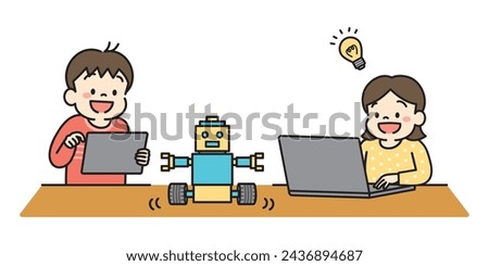 Vector illustration of kids doing robot programming
