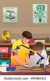 A vector illustration of Kids Doing Robotic Experiment