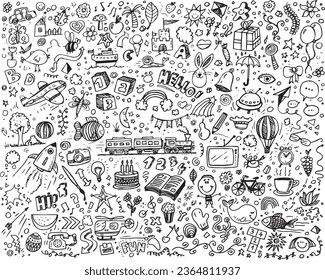 Vector illustration kids doodles set, hand drawn sketch elements