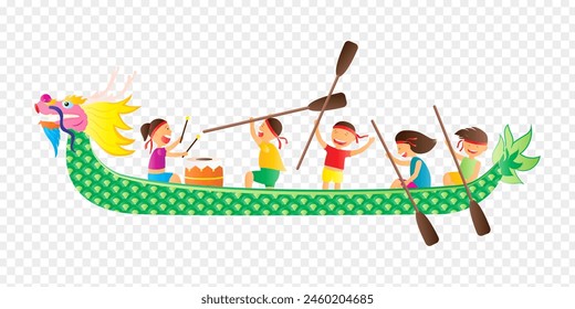 Vector illustration of kids in dragon boat on transparent background