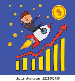Vector Illustration kids drawing of business man rides a rocket spaceship illustrating stock goes up and Investment success in a cartoon style