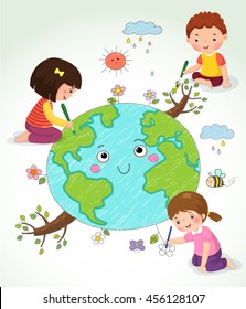 Vector illustration of kids drawing the Earth
