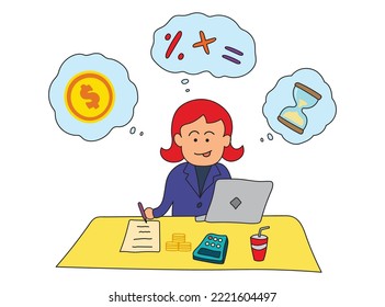 Vector Illustration kids drawing of Female accountant at working place with laptop, money, calculator and documentation in a cartoon style
