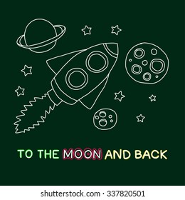 Vector illustration. Kids drawing of rocket and space